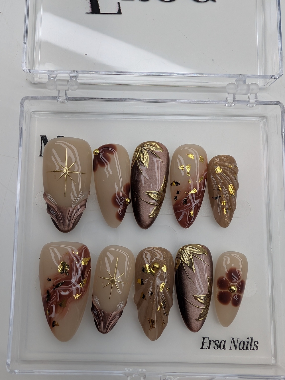 Beige & Brown Press-On Nail Set with Gold Accents